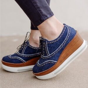 Miu Miu RARE DENIM PLATFORM Studded Wingtip Oxfords SNEAKERS  SHOES 7.5